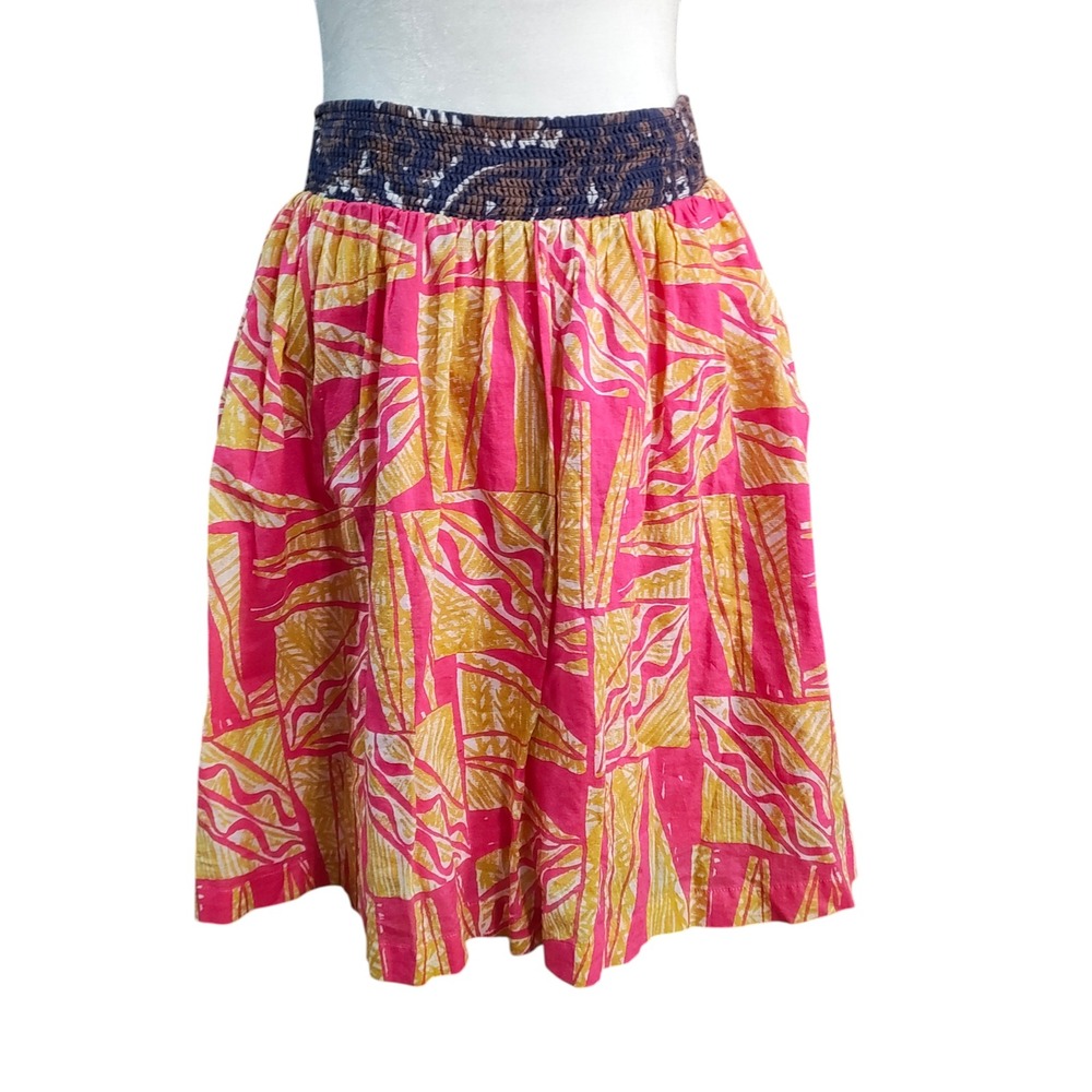 Anthropologie x Vanessa Virginia Pink Yellow Print Boho Mini Skirt Pockets - 10